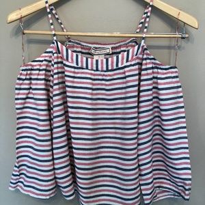 Blue and Pink Striped Cold Shoulder Top